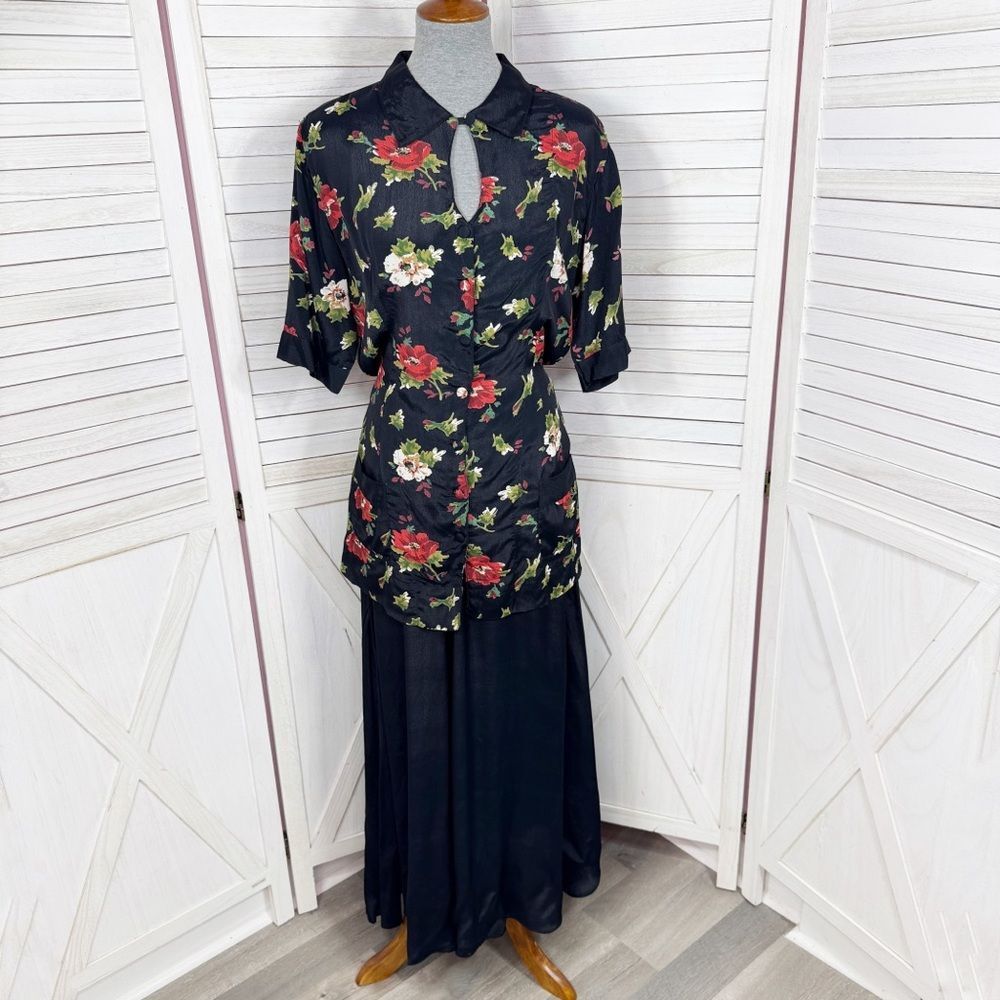 Vintage 90s Styleworks Floral Illusion Maxi Dress‎ Blue Red Medium